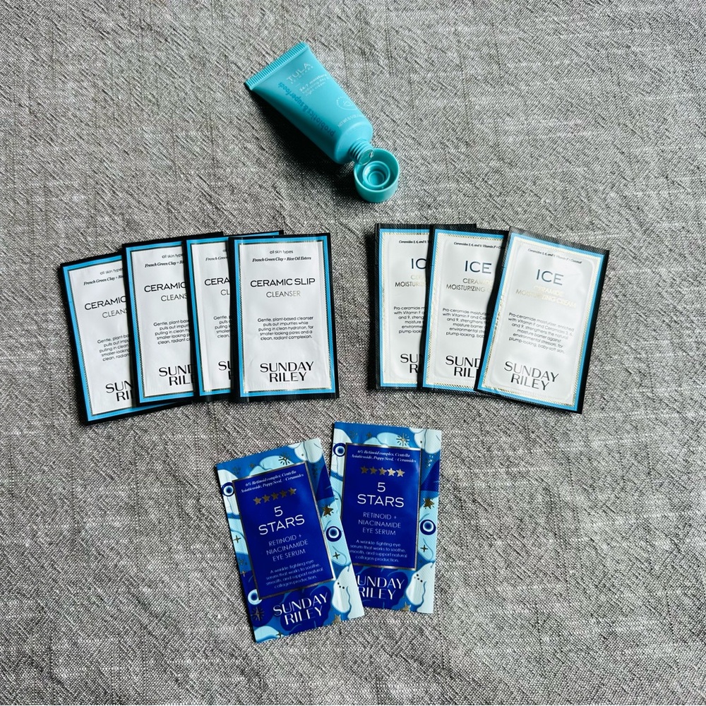 Sample/Travel Packets, Sunday Riley 9 packets & Tula 0.5 oz. New/Sealed.